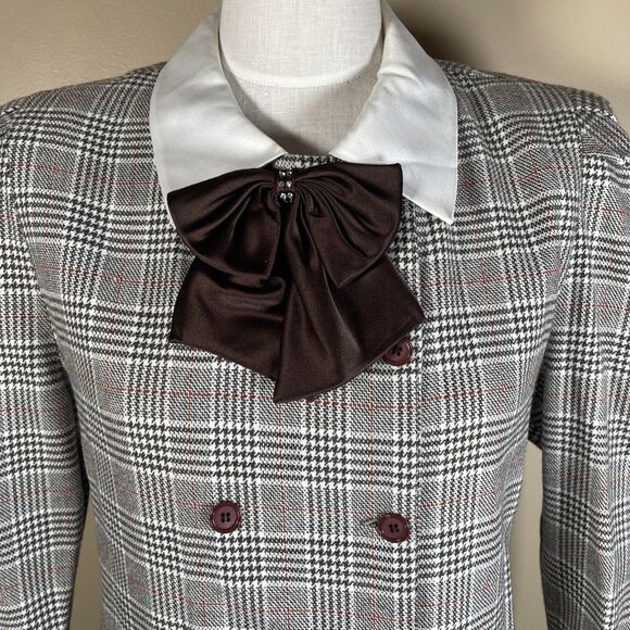 Vintage 80s  Plaid Dress Double Breasted Big Bow Contrast Collar C-38.5" Midi - Picture 5 of 16